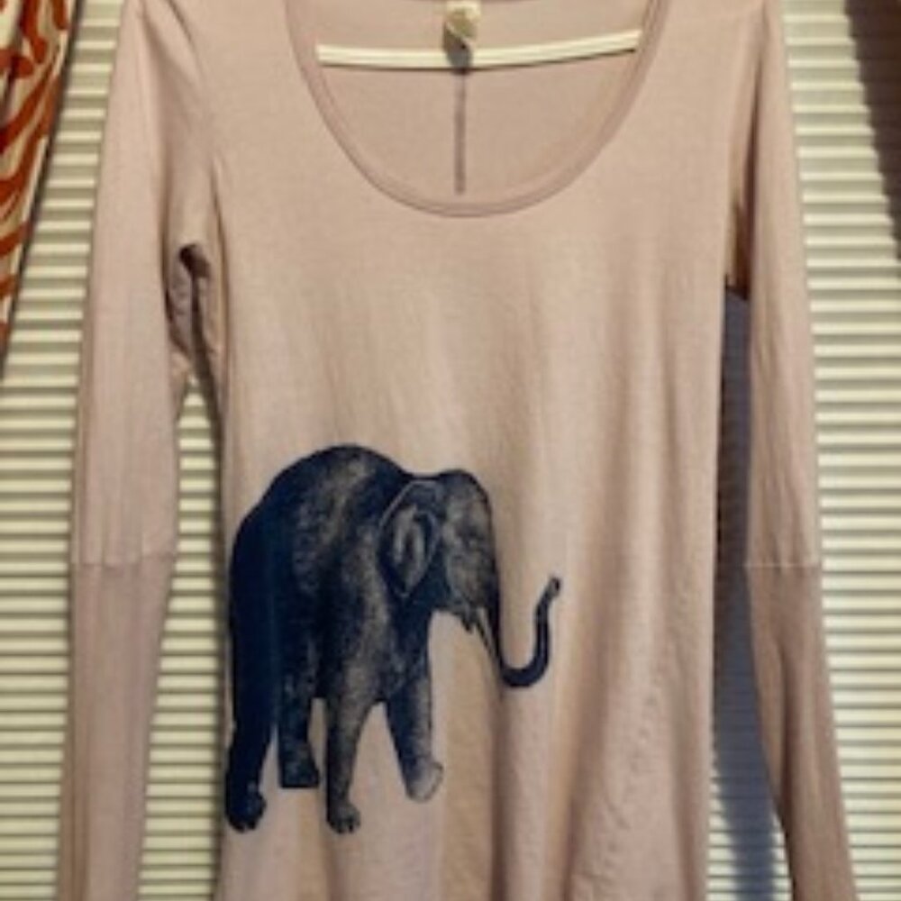 Scoop Neck Long Sleeve Pink Shirt with Elephant, Thumbholes on Sleeves Size Med